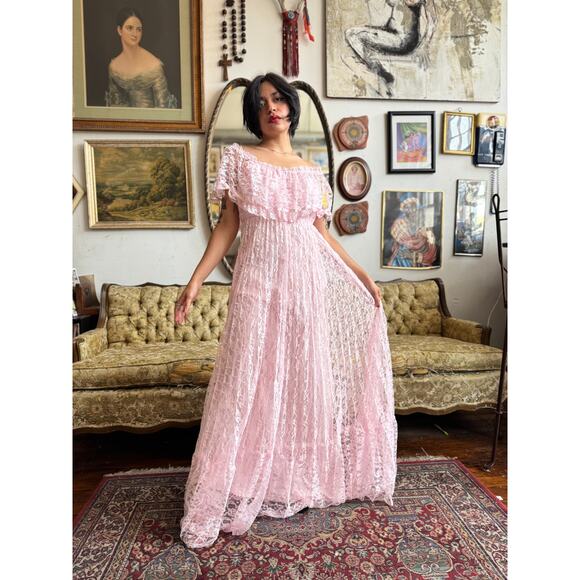 80s Pink Lace Off the Shoulder Floral Maxi Dress Size Small by Witch and Wolf - Picture 2 of 14